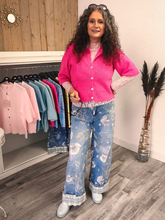 Wide-Leg-Jeans mit Aufschlag, Blumenmuster