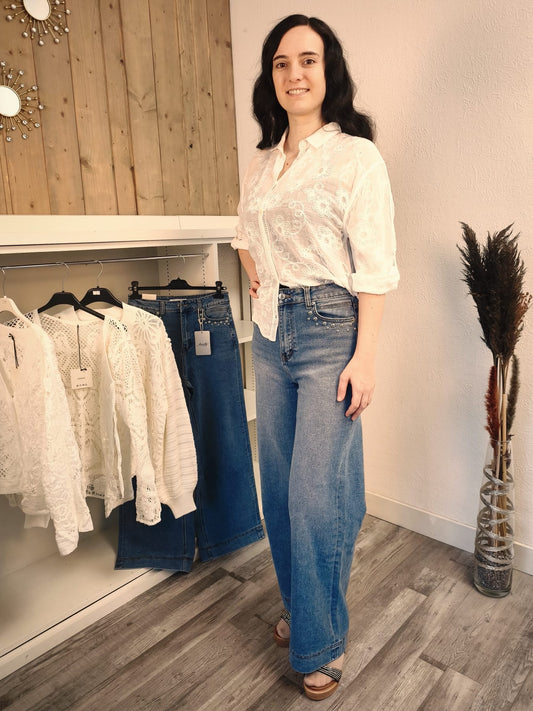 Wide-Leg-Jeans mit Nieten stretchig