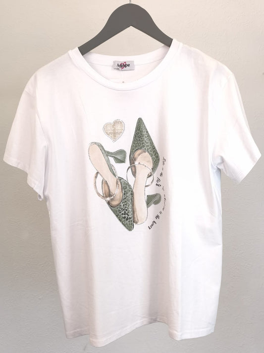 T-Shirt kurzärmlig weiß mit Farbdruck Schuh