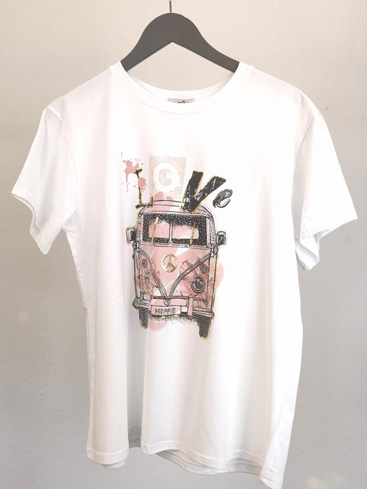 T-Shirt kurzärmlig weiß mit Farbdruck Bus