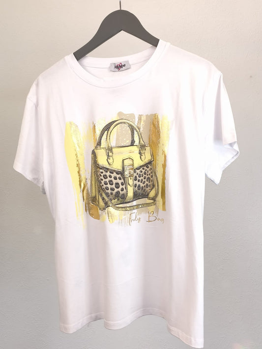 T-Shirt kurzärmlig weiß mit Farbdruck Tasche