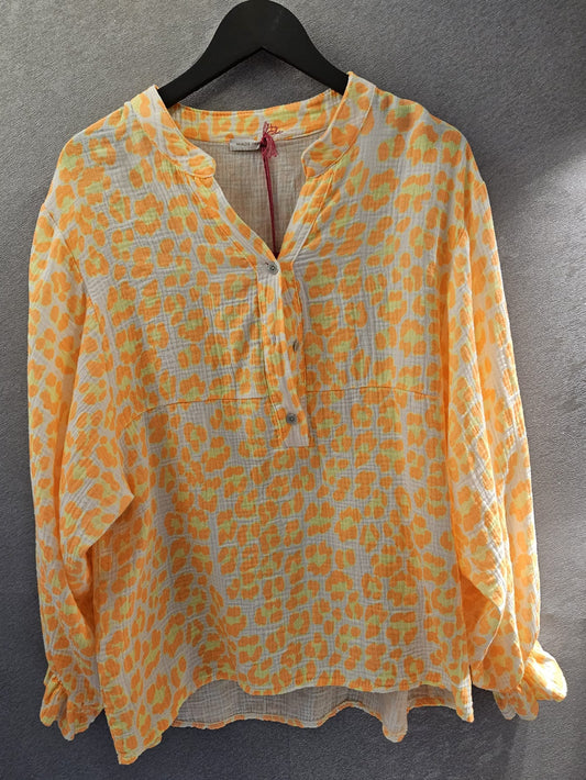 Musselin-Bluse langärmlig Animalprint orange/gelb Oversize