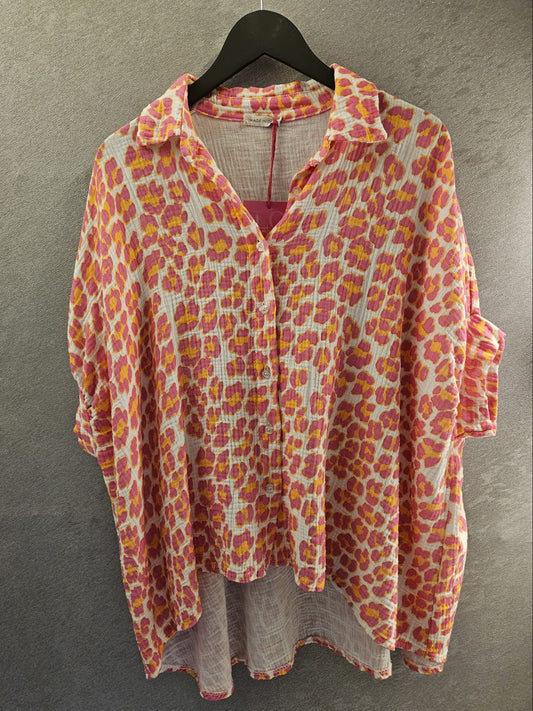Musselin-Bluse kurzärmlig Animalprint pink/orange Oversize