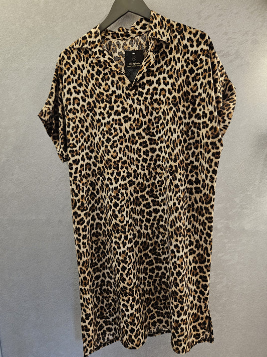 Kleid kurzärmlig mit Kragen Animalprint beige/schwarz