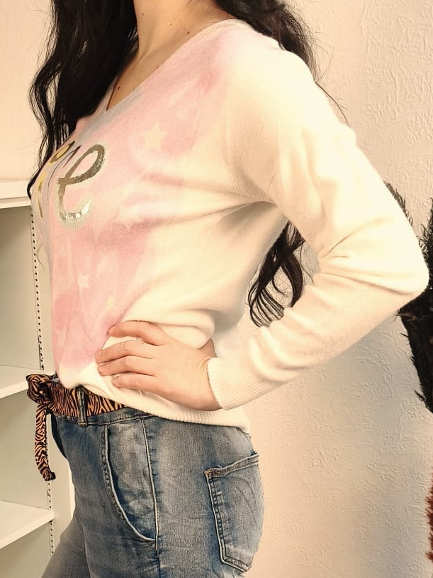 Leichter, weicher Pullover mit Bündchen, creme mit Pastell-Farbdruck