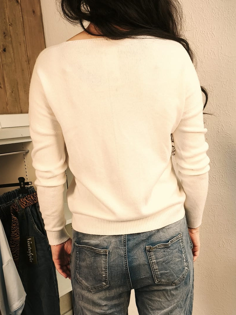 Leichter, weicher Pullover mit Bündchen, creme mit Pastell-Farbdruck