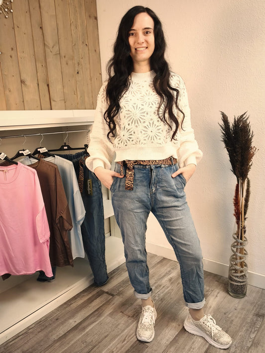 Langarm-Lochstrick-Pullover mit Bündchen, weiß