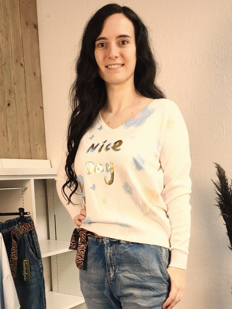 Leichter, weicher Pullover mit Bündchen, creme mit Pastell-Farbdruck