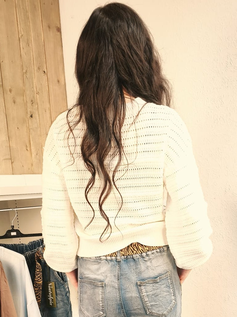 Langarm-Lochstrick-Pullover mit Bündchen, weiß