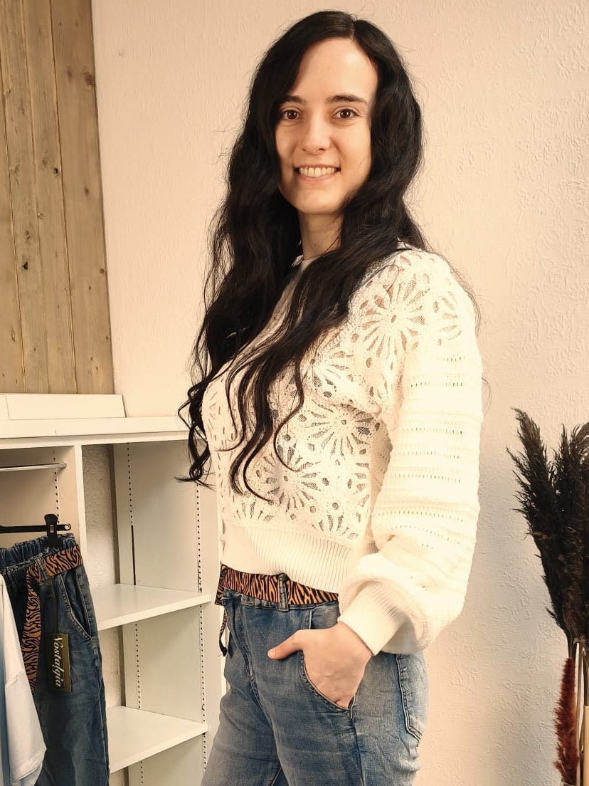 Langarm-Lochstrick-Pullover mit Bündchen, weiß