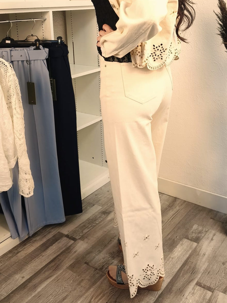 Wide-Leg-Jeans mit Spitzendetails, buttermilchgelb