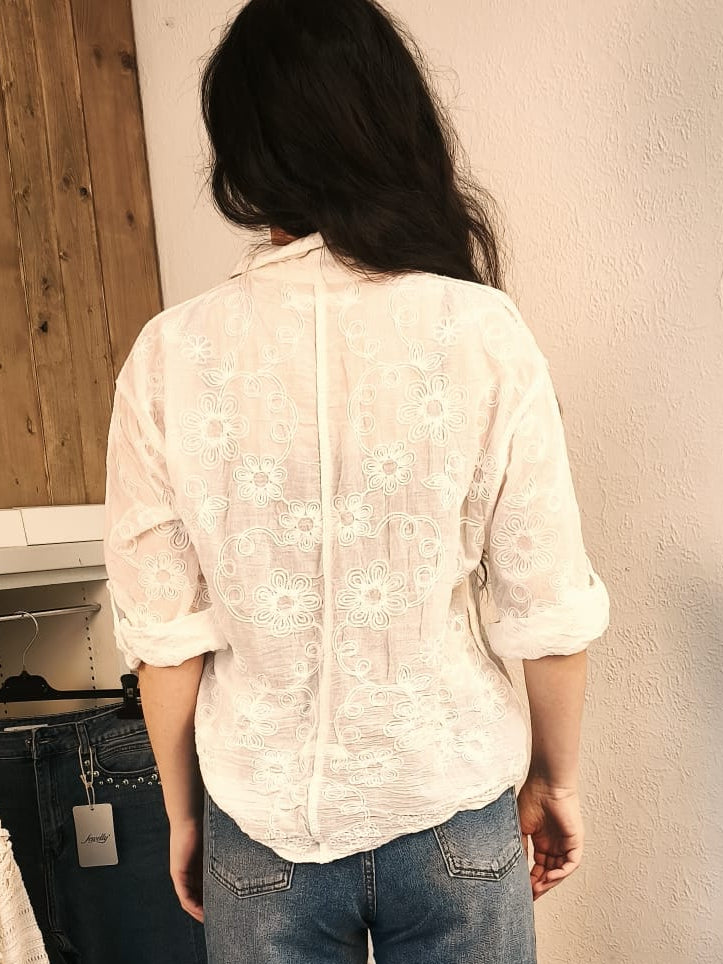 Spitzenbluse mit Kragen Dreiviertelarm, weiß, florales Muster