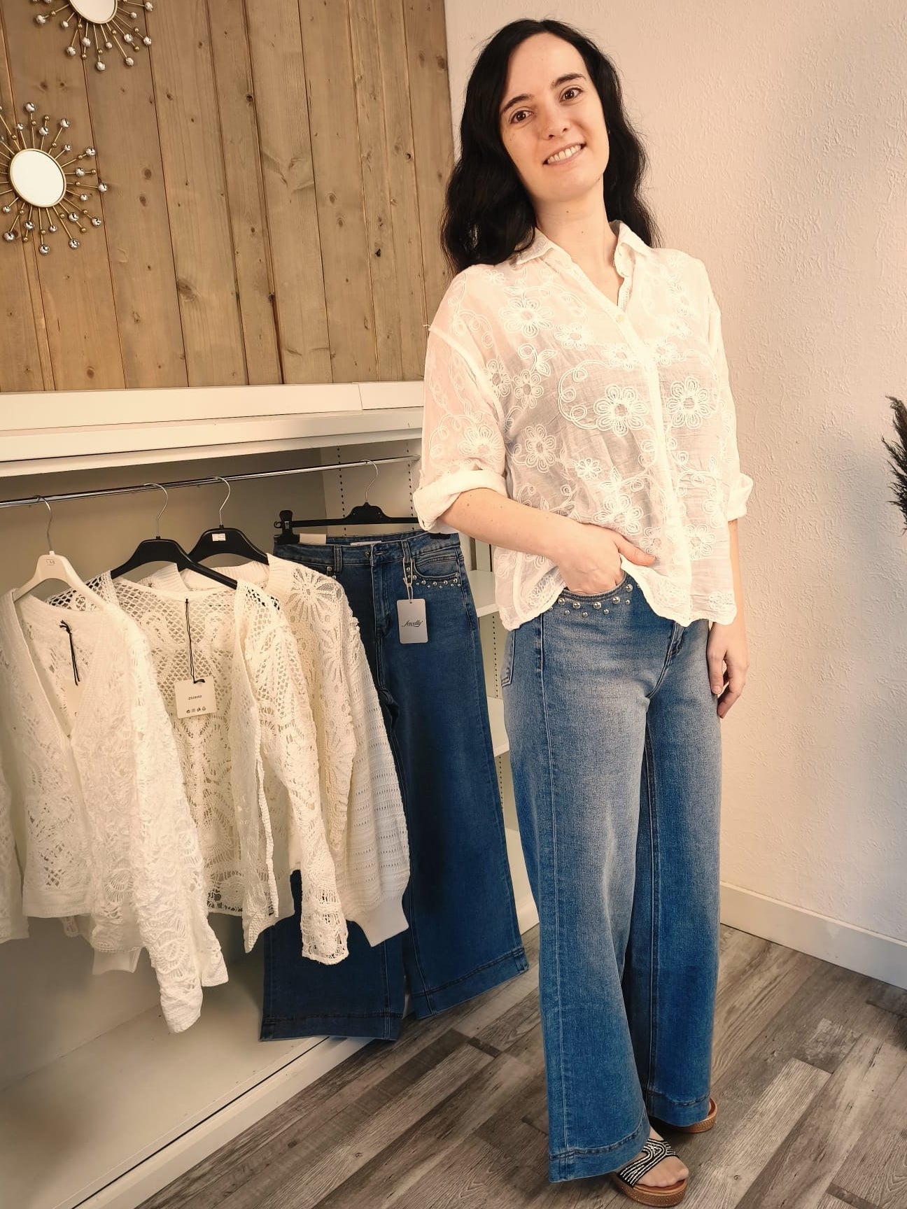 Spitzenbluse mit Kragen Dreiviertelarm, weiß, florales Muster