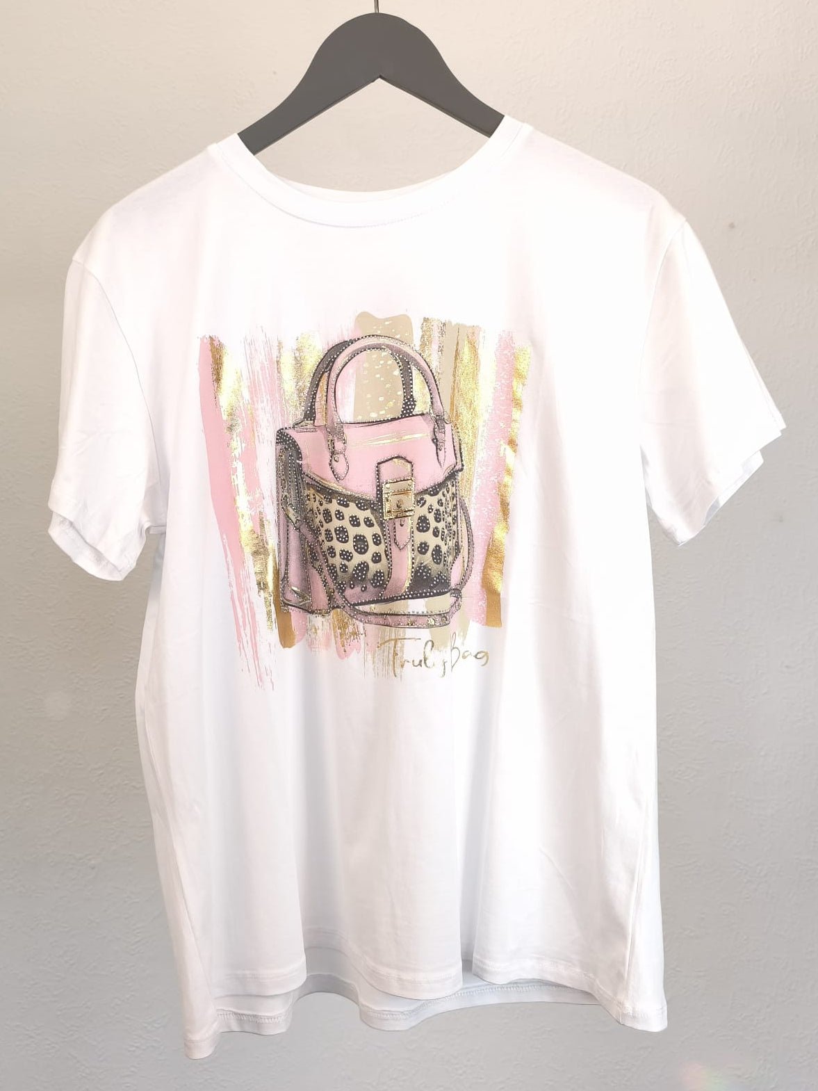 T-Shirt kurzärmlig weiß mit Farbdruck Tasche