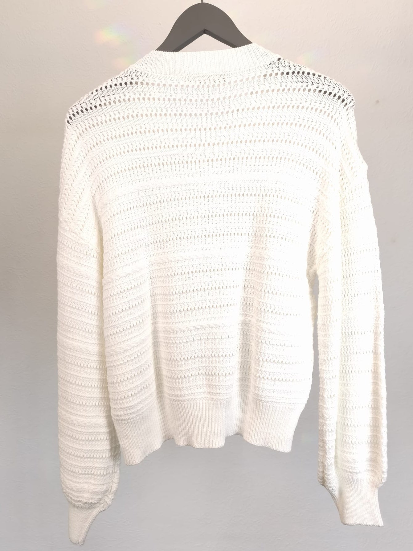 Langarm-Lochstrick-Pullover mit Bündchen, weiß